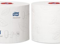 Na obrázku jsou vidět dvě role toaletního papíru do zásobníku TORK 