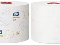 Na obrázku jsou vidět toaletní papíry TORK do zásobníku TORK 