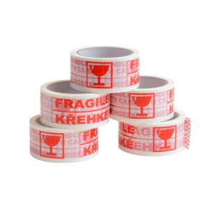 Bílá lepicí páska s červeným potiskem FRAGILE / KŘEHKÉ / akrylát