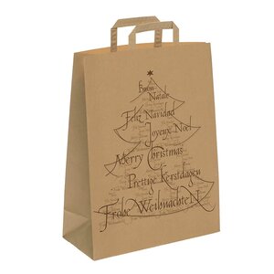 Vánoční papírová taška s plochým uchem, hnědá 260 x 100 x 330 mm, vzor stromeček